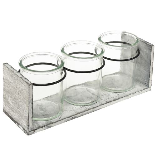 Rustic glass container set in grey and white wooden stand – 27.5x9x11 cm – Versatile storage and decoration solution