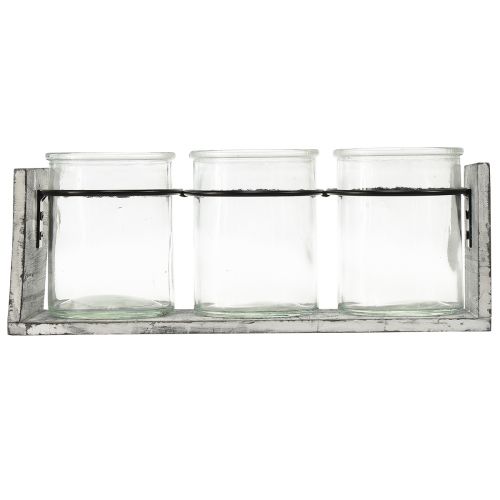 Product Rustic glass container set in grey and white wooden stand – 27.5x9x11 cm – Versatile storage and decoration solution
