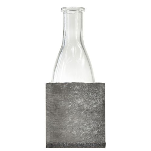 Product Glass vase in grey wooden stand, 9.5x8x20cm - Rustic decoration in 4 pieces