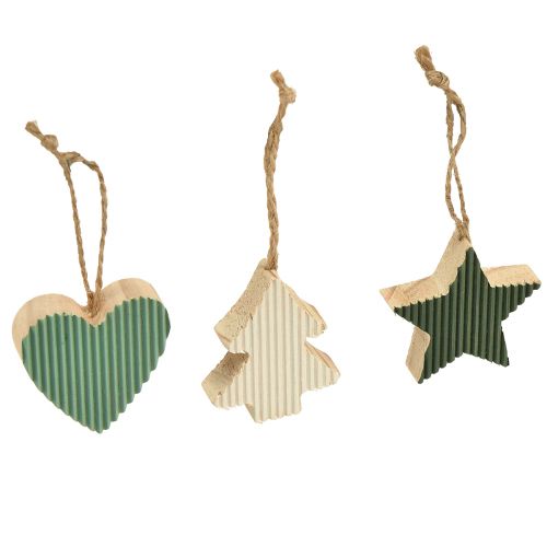 Christmas tree wooden pendant set, heart-tree-star, mint-green-white, 4.5 cm, 9 pieces - Christmas decoration