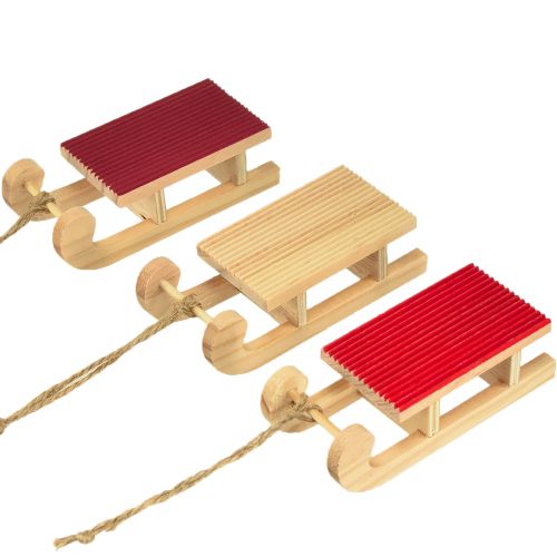 Wooden sleigh miniature, red-natural, 4x8.5 cm, set of 6 - Christmas decoration
