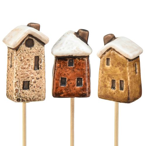 Charming ceramic house decoration on sticks 6 pieces – various shades of brown, 6 cm – idyllic garden stakes