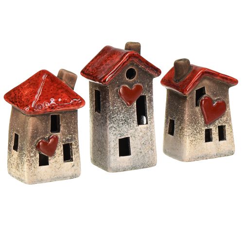 Romantic ceramic houses with heart motif in a set of 3 – red &amp; natural tones, 10.9 cm – lovingly designed lanterns