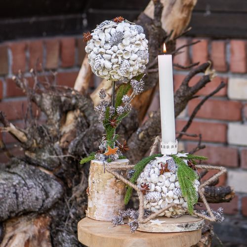 Product Wooden Decoration Tree Winter Decoration Birch Acorns Cones White H40cm