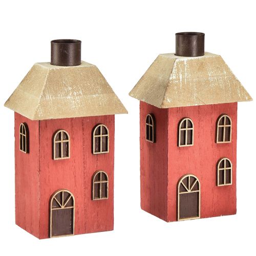 Candle holder house wood red candle holder H14.5cm 2pcs