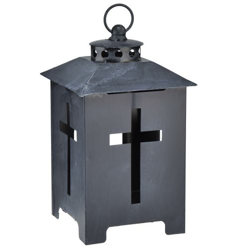 Lantern grave light cross window metal antique grey 13 x 27cm