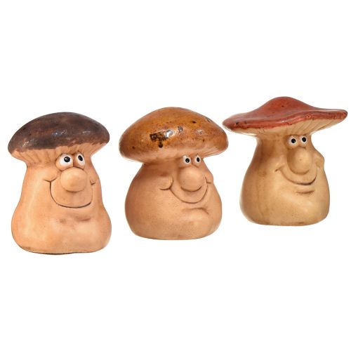 Happy mushroom figures with faces – Various shades of brown, 6.5 cm – Funny decoration for garden and home – 3 pieces