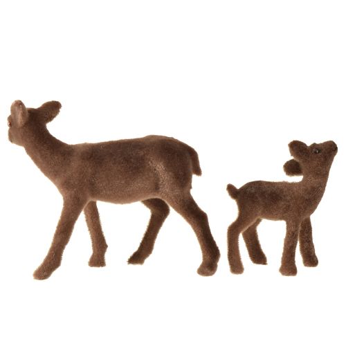 Product Deer decoration figures Christmas brown flocked deer with fawn in set H9/5.5cm 4pcs