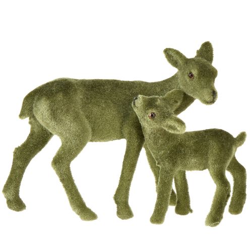 Deer decoration figures Christmas green flocked deer with fawn in set H9/5.5cm 4pcs