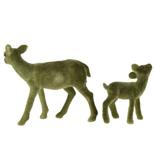 Product Deer decoration figures Christmas green flocked deer with fawn in set H9/5.5cm 4pcs