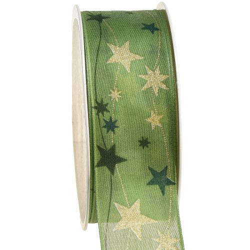 Christmas ribbon with stars gift ribbon green with wire edge 40mm 15m