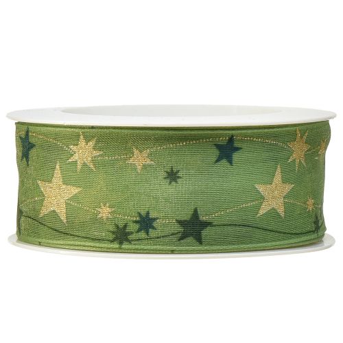 Floristik24 Christmas ribbon with stars gift ribbon green with wire edge 40mm 15m