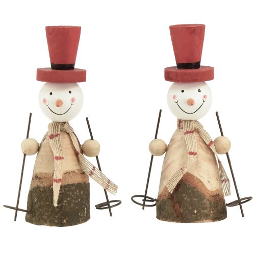 Adorable set of 2 wooden snowmen with red top hats – natural &amp; red, 15.5 cm – winter table decoration