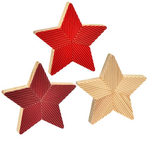 Stars wooden Christmas stars fluted red natural 11cm 3pcs