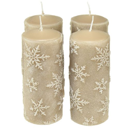 Pillar candles beige candles snowflakes 150/65mm 4pcs