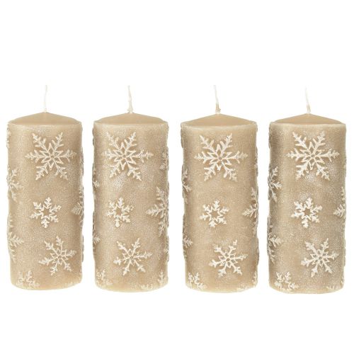 Product Pillar Candles Beige Candles Snowflakes 150/65mm 4 Pcs