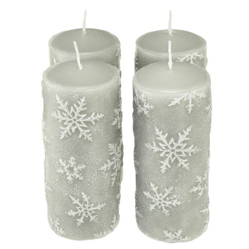 Pillar Candles Grey Candles Snowflakes 150/65mm 4 Pcs