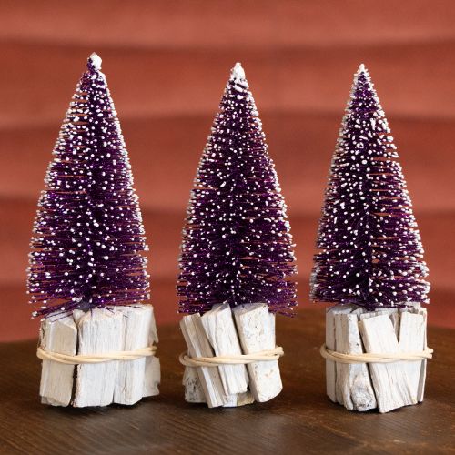 Product Decorative Christmas tree in purple with snow tip on a rustic wooden base 15cm 3 pieces.