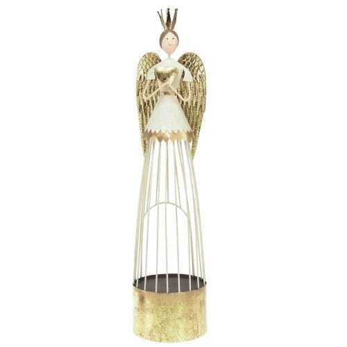 Table decoration metal angel figure with heart white gold H54cm