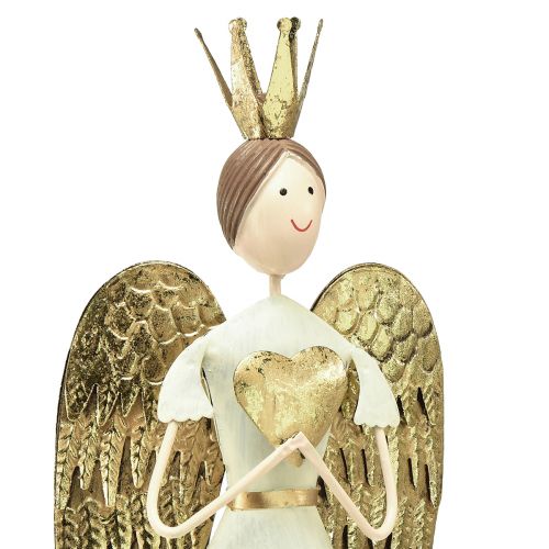 Product Table decoration metal angel figure with heart white gold H54cm
