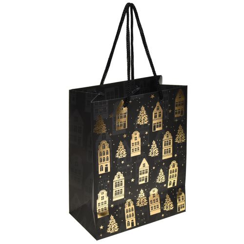Christmas bag black/gold fir houses 18x10x23cm