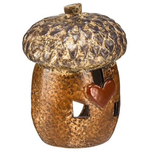 Lantern acorn brown, 15.4cm - Rustic autumn decoration with heart motif