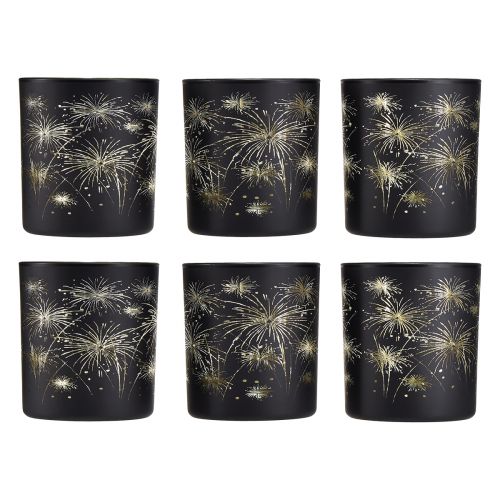 Product Elegant glass lantern with firework design – 6 pieces black and gold, 9 cm – Ideal decoration for festive occasions
