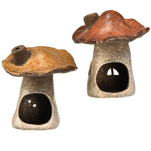 Product Magical mushroom house lanterns – Rustic ceramic, brown, 14.5 cm – Unique lighting decoration 2 pieces