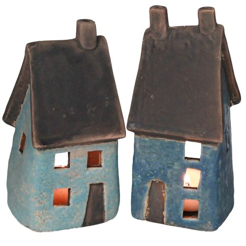 Lantern House Ceramic House Blue Brown H15.5/17.5cm 2 pcs