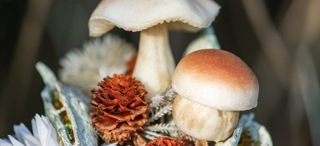 Artificial leaves & mushroom décor