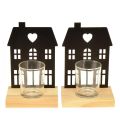 Floristik24 Lantern house metal black with wooden base H15cm 2pcs